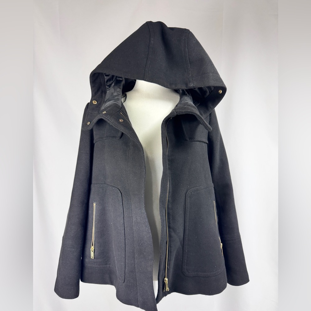 Zara Basic Black Hooded Wool Blend Coat Zip Front Women XS